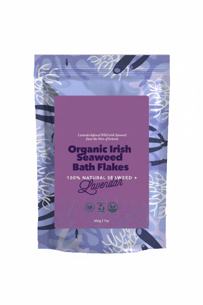 Pouch of organic Irish seaweed bath flakes infused with lavender from The Wicklow Seaweed Company