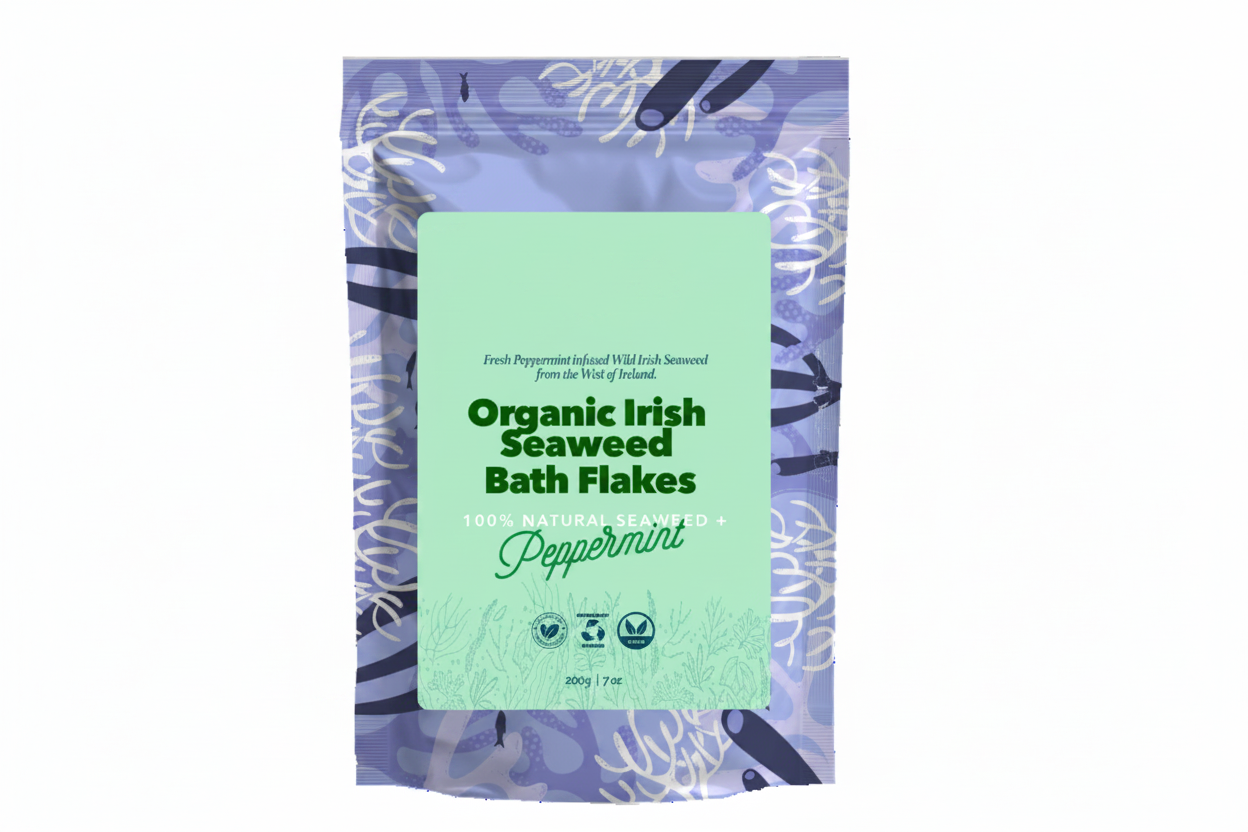 Pouch of organic Irish seaweed bath flakes infused with peppermint from The Wicklow Seaweed Company